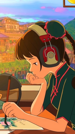 Anime girl with headphones painting flowers