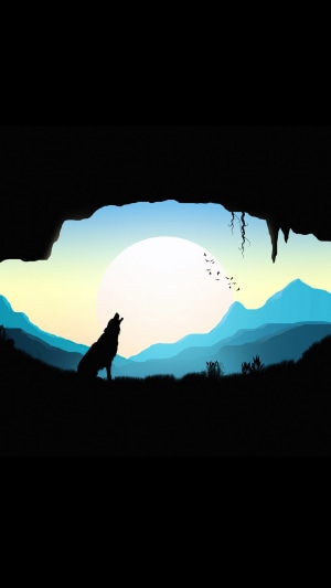 Wolf howling at the moon from a cave