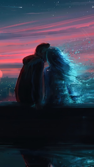 Couple kissing at sunset with city lights