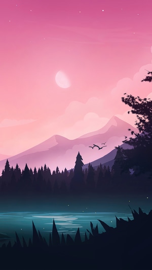 Minimalist mountain landscape with lake and moon