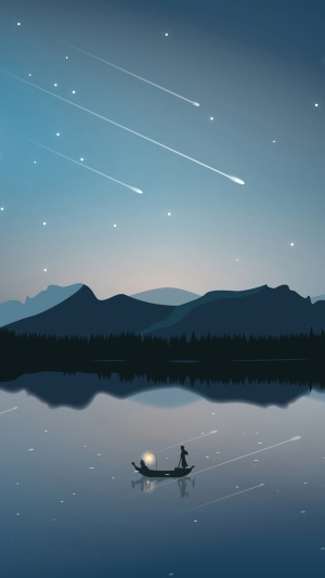Minimalist night sky with shooting stars over a lake and mountains