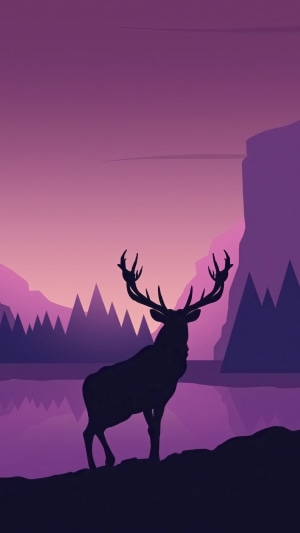 Minimalist Deer Silhouette by Lake at Sunset
