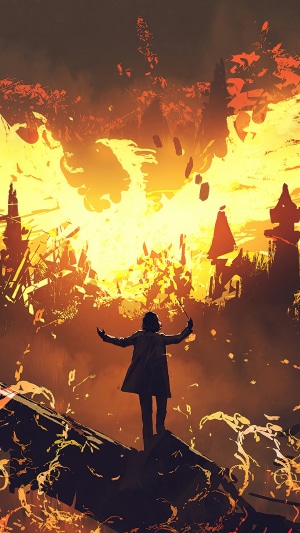 Person with wand in front of burning city
