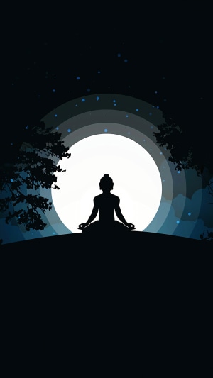 Buddha meditating under a large moon at night