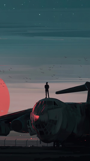 Silhouette of a person standing on an airplane at sunset