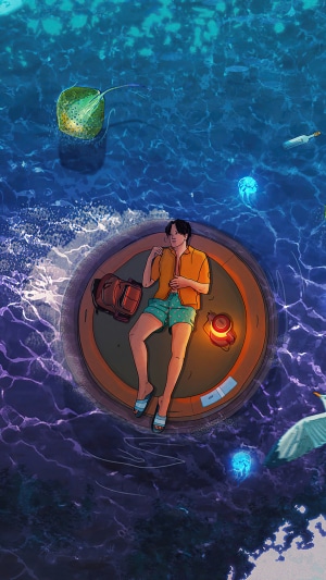 Man relaxing on a raft in the ocean with jellyfish and a stingray