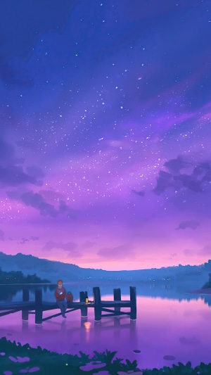 Person sitting on a dock under a starry purple sky