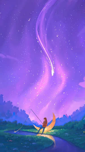 Girl fishing for shooting stars on a crescent moon