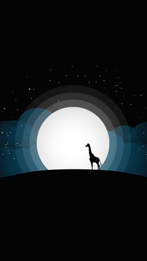Silhouette of a giraffe against a large moon and starry night sky