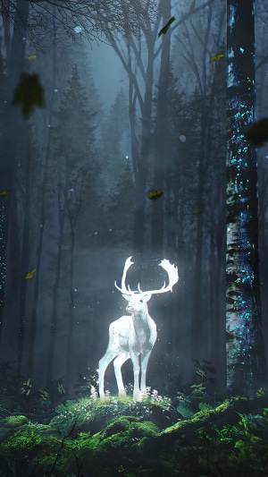 Fantasy white deer in a dark, misty forest