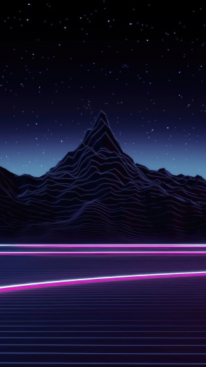 Retro Mountain Landscape with Neon Grid and Stars