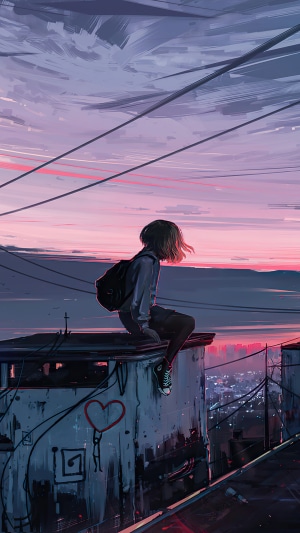 Girl on a rooftop overlooking city at sunset