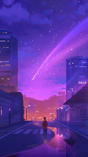 Person walking down a street under a starry night sky with a comet