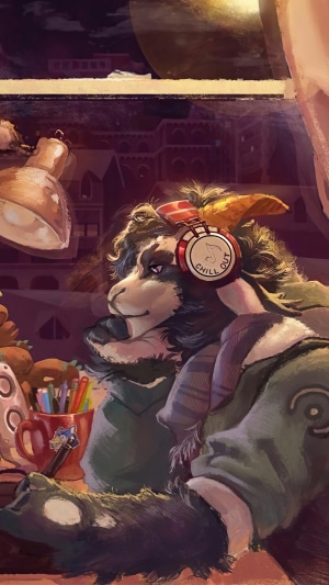 Anthropomorphic goat wearing headphones and scarf
