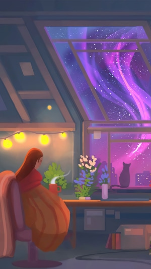 Woman drinking coffee by a window with a galaxy view