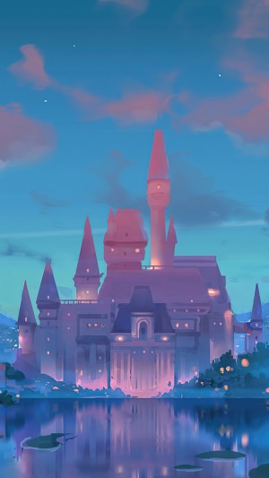 Fantasy castle by a lake at twilight