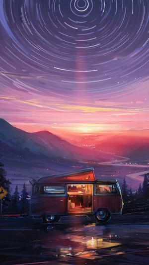 Camper van parked on road during sunset with star trails