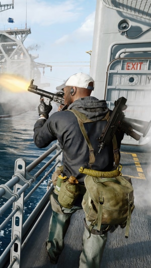 Man firing a weapon on a ship in Call of Duty Black Ops Cold War