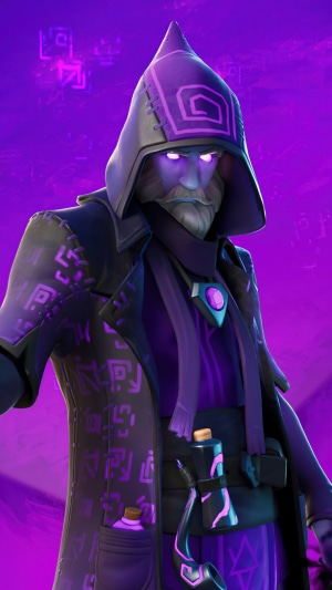 Fortnite character with purple glowing eyes and hood