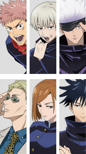 Jujutsu Kaisen characters: Yuji Itadori, Toge Inumaki, Satoru Gojo, Kento Nanami, Nobara Kugisaki, Megumi Fushiguro