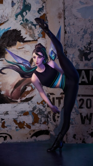 Kai'Sa from League of Legends performing a high kick