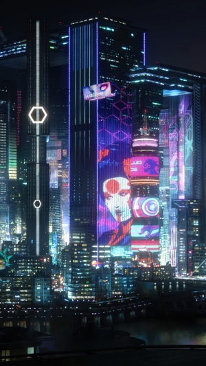 Cyberpunk 2077 Night Cityscape with Digital Billboards