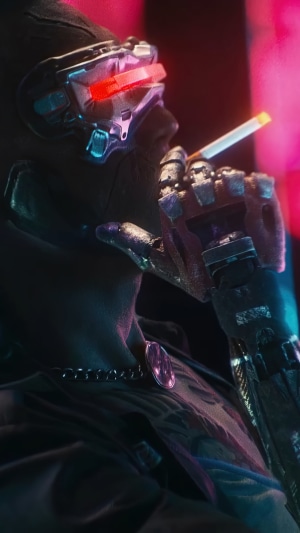 Cyberpunk 2077 character smoking a cigarette