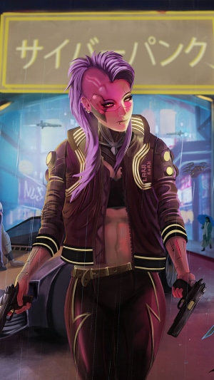Girl from Cyberpunk 2077 holding guns