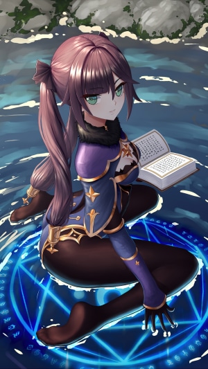 Mona from Genshin Impact reading a book on a magic circle