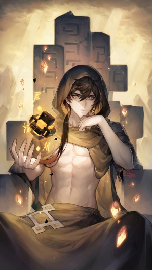 Zhongli from Genshin Impact holding a Geo cube