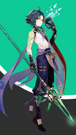Xiao from Genshin Impact holding a mask and polearm