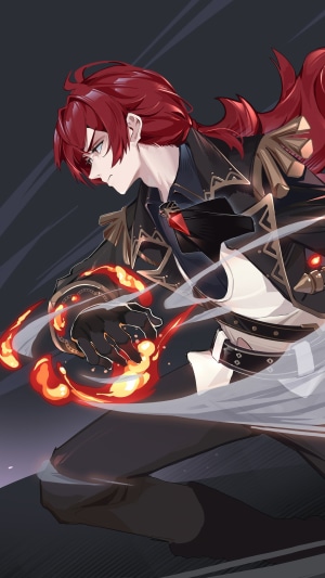Diluc from Genshin Impact with fire