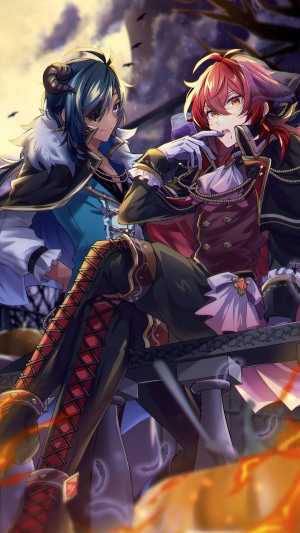 Kaeya and Diluc from Genshin Impact in Halloween costumes
