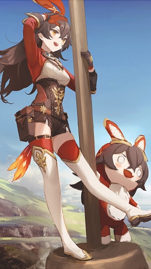 Amber from Genshin Impact with a plush toy