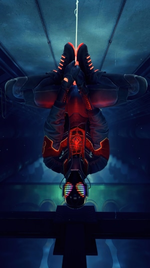 Spider-Man (Miles Morales) hanging upside down