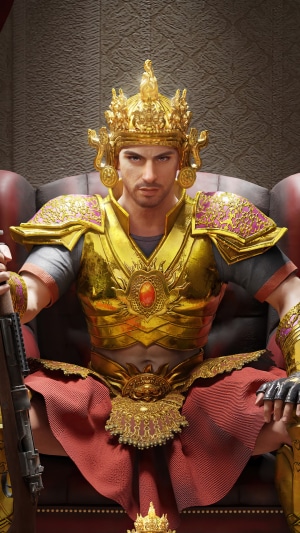 Man in golden armor with crown holding rifle