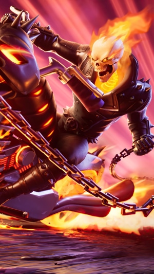 Ghost Rider from Fortnite on a flaming motorcycle
