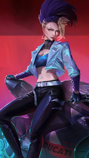 Akali from League of Legends on a motorcycle