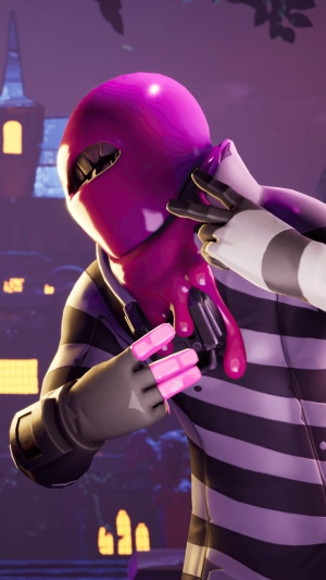 Fortnite character with pink slime and striped outfit