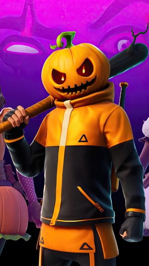 Fortnite character with pumpkin head and baseball bat
