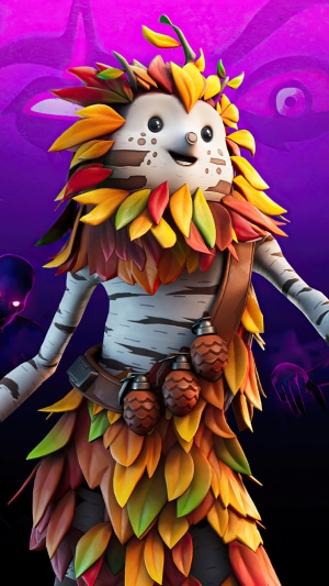 Hedgehog character from Fortnite with autumn leaves