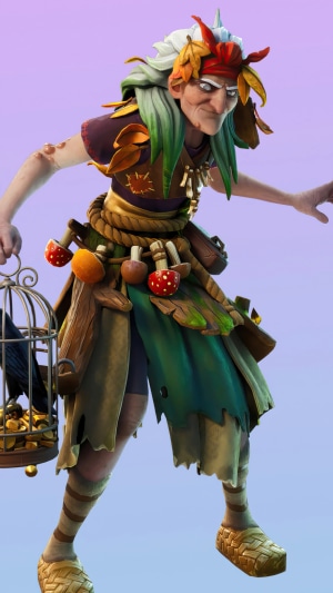 Fortnite character with birdcage and mushrooms