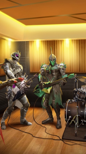PUBG Mobile characters playing guitars in a studio
