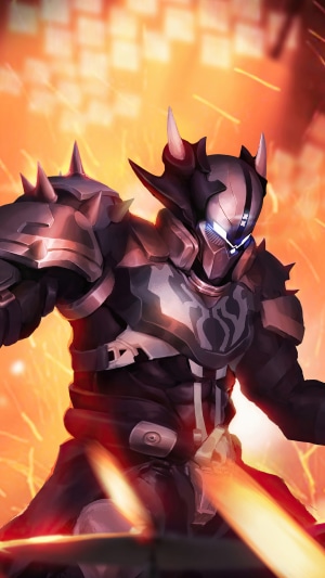 Knight in dark armor with glowing blue eyes
