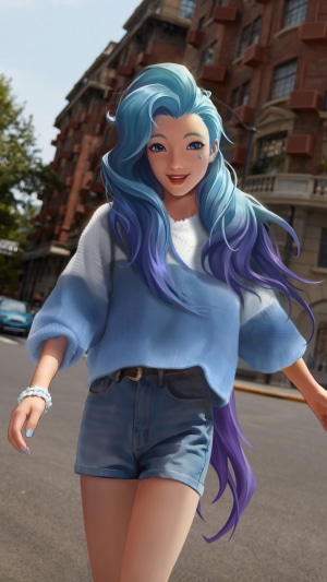 Seraphine from League of Legends walking on a street