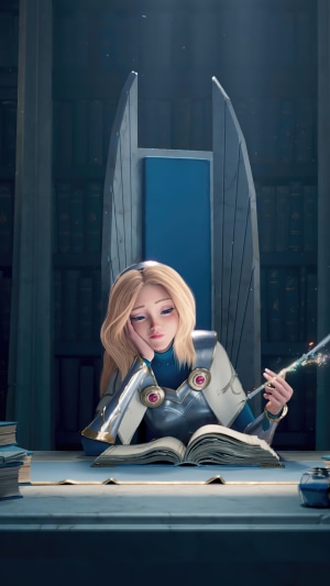 Lux from League of Legends in a library