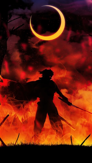 Silhouette of a swordsman in flames under a crescent moon