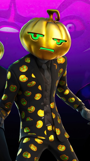 Gourdon from Fortnite wearing a suit with pumpkin patterns