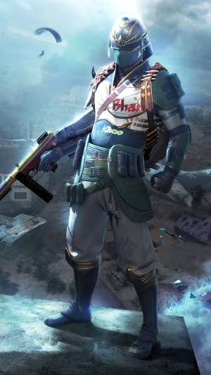 PUBG Mobile character with a gun and parachutes in background