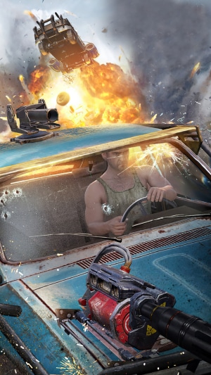 Man driving a car with mounted gun during explosion in PUBG Mobile